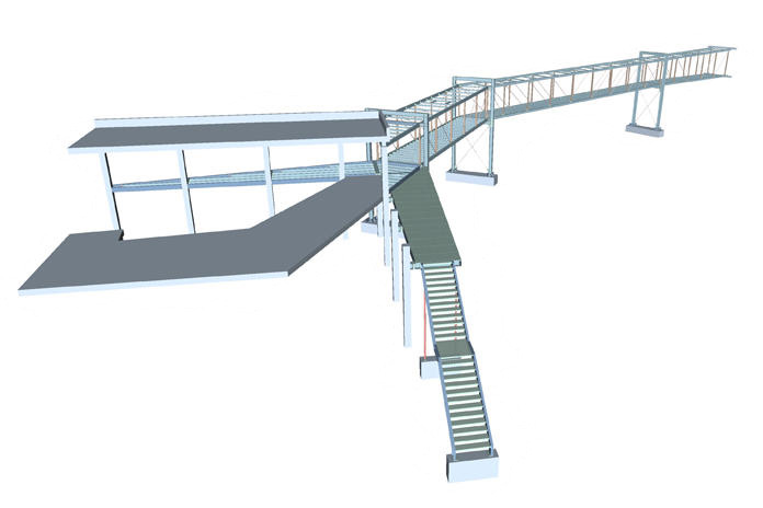 Treppe mit Gebäudebrücke